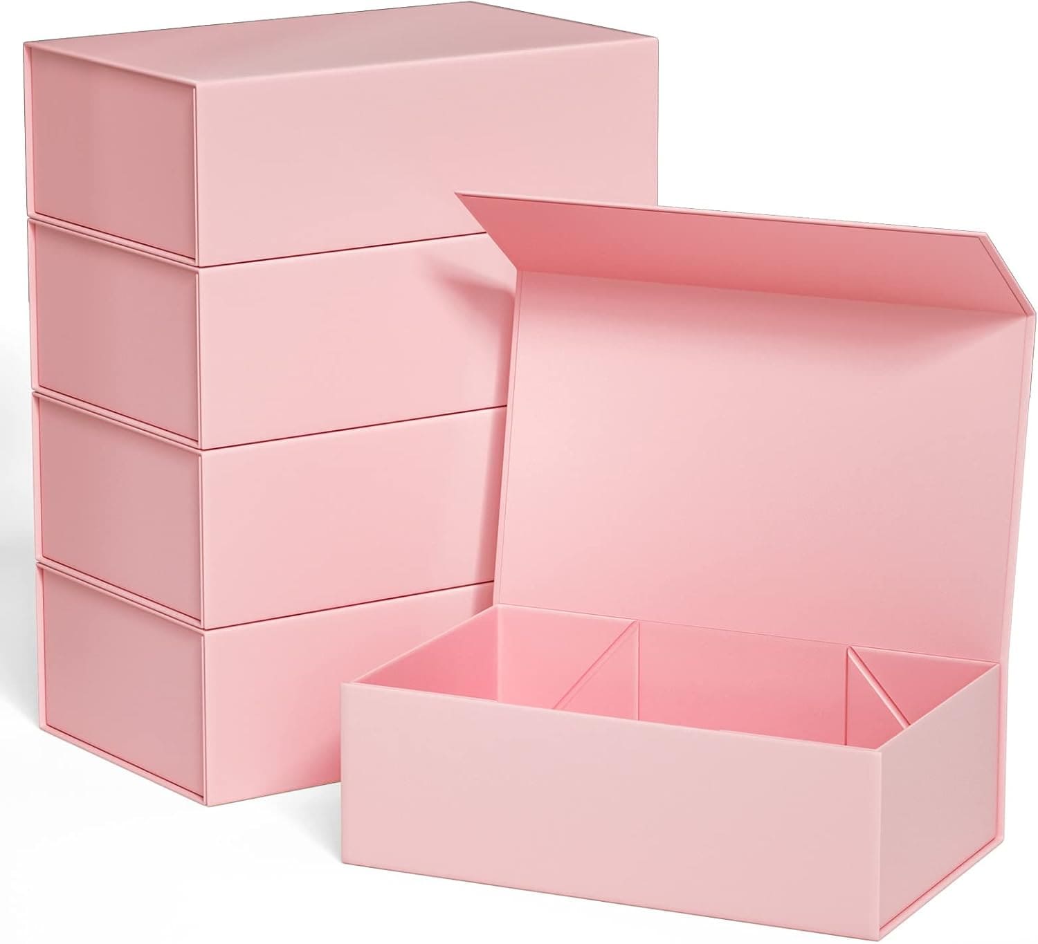 Pink magnetic rigid gift boxes shown open and closed
