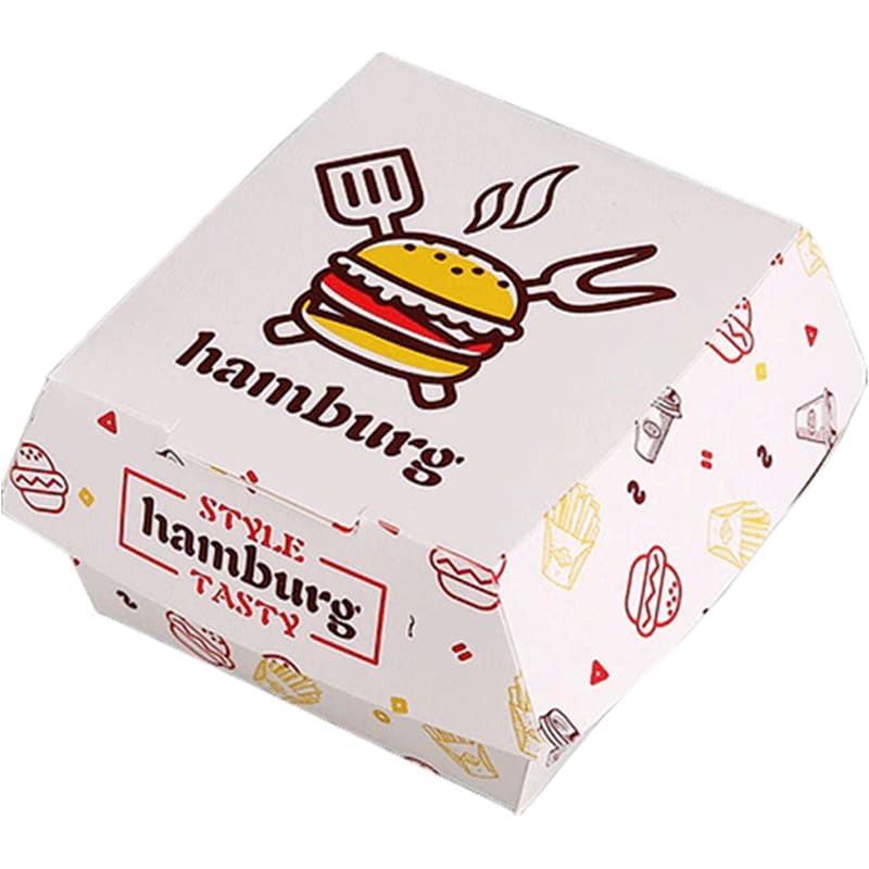 White custom printed clamshell burger box for takeaway