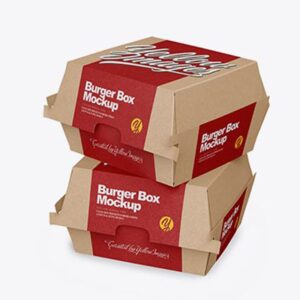 Stacked kraft custom burger boxes with printed paper sleeves
