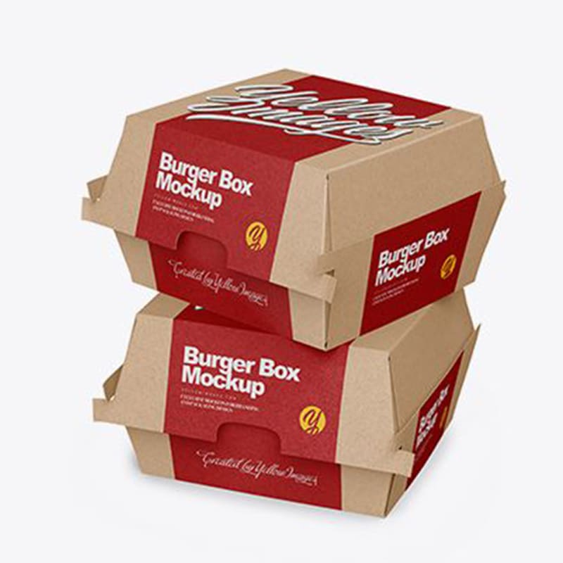 Stacked kraft custom burger boxes with printed paper sleeves