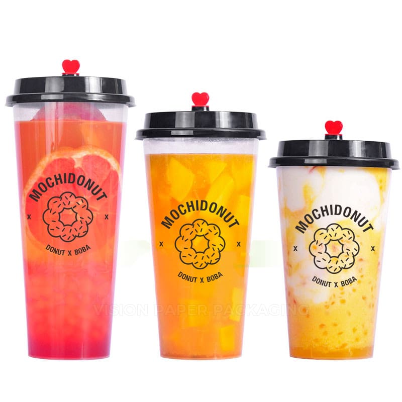 Custom fruit tea cups with printed logo and black lids