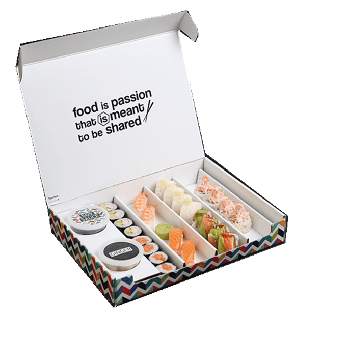 Custom sushi box with paperboard dividers for rolls and sauces