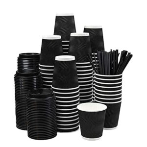 Black ripple-wall paper cups with matching lids and accessories