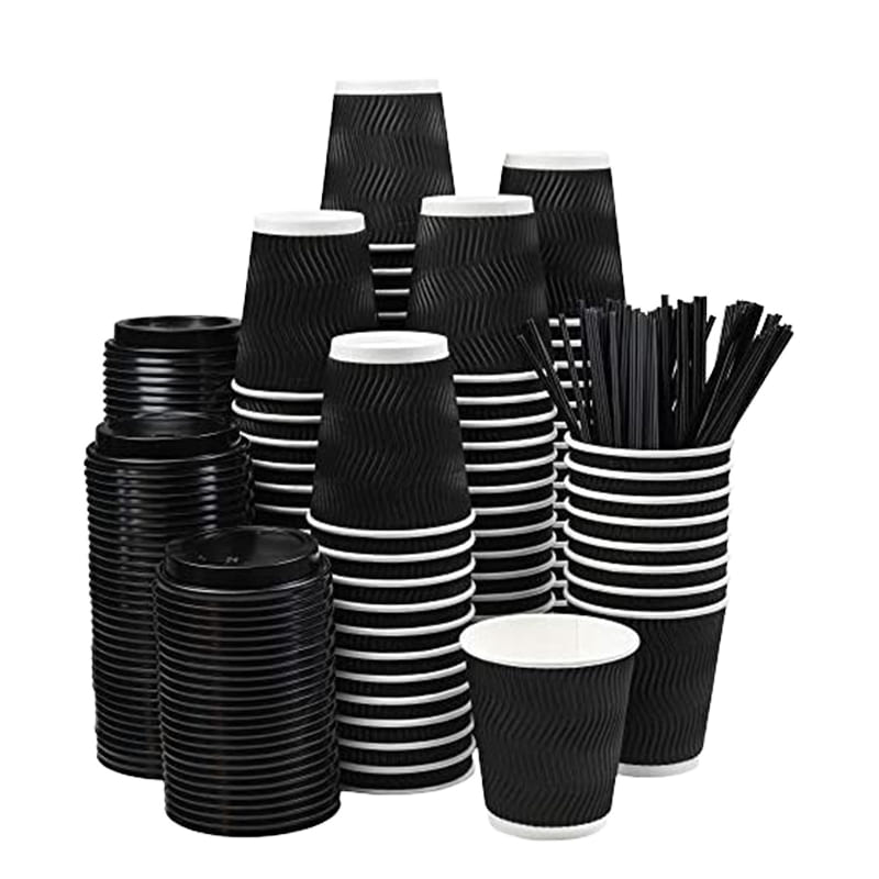 Black ripple-wall paper cups with matching lids and accessories