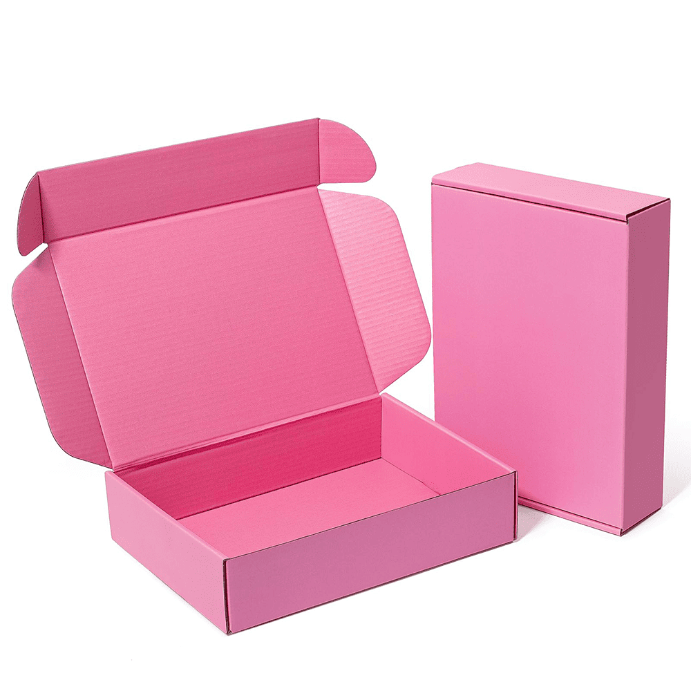 Pink corrugated mailer boxes shown open and closed