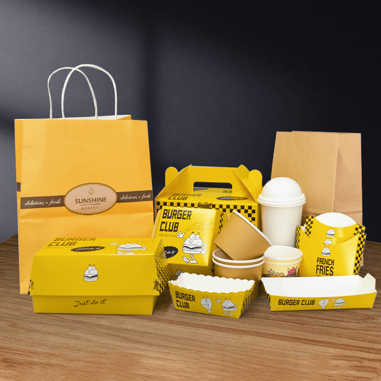 Custom fast food packaging set with fried chicken box, fries box, paper bag and cups