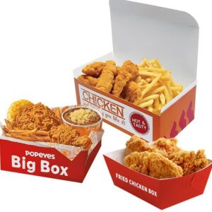 Custom fried chicken meal boxes and paper food trays for takeaway packaging