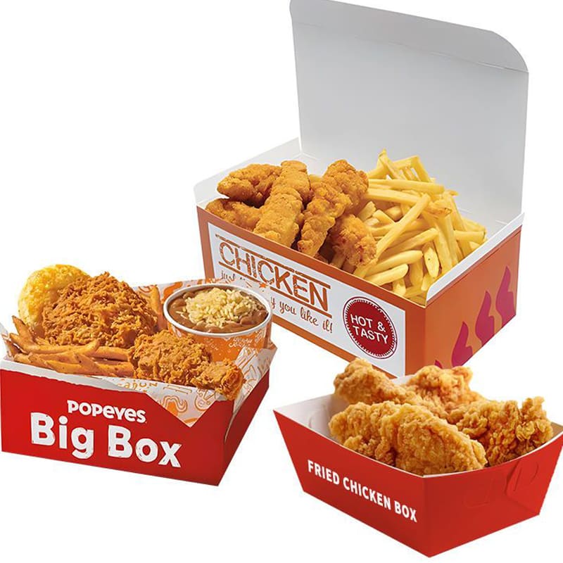 Custom fried chicken meal boxes and paper food trays for takeaway packaging