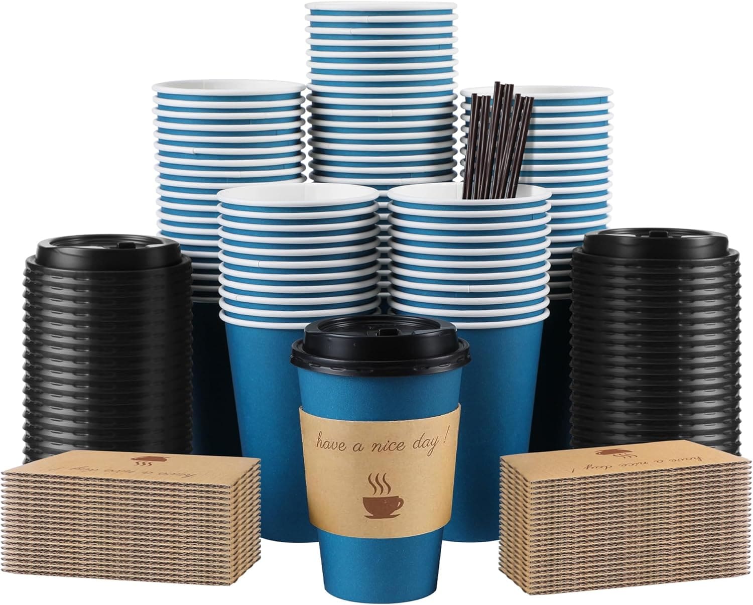 Blue paper coffee cups with black lids and kraft cup sleeves