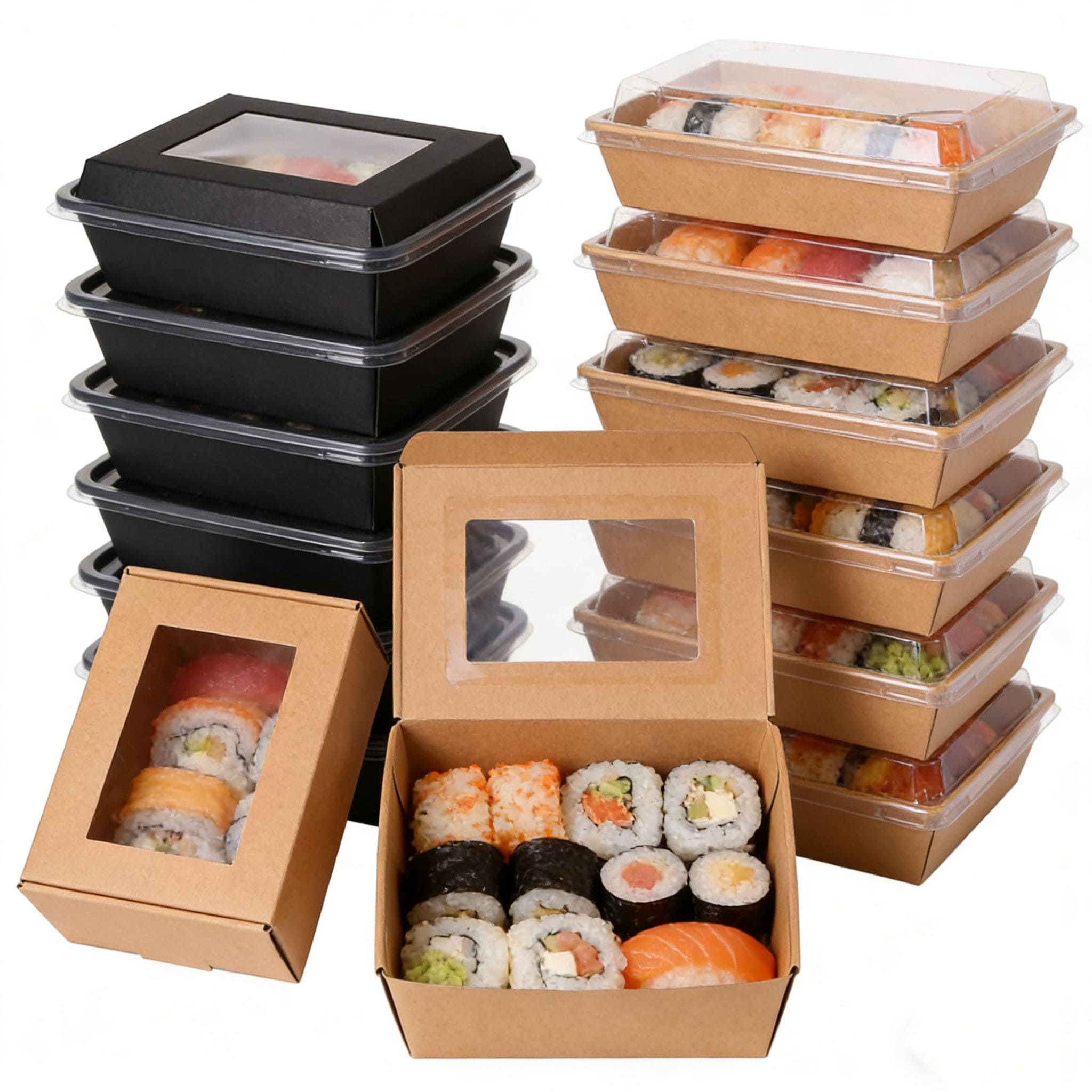 Kraft sushi boxes with clear lids and paper display windows