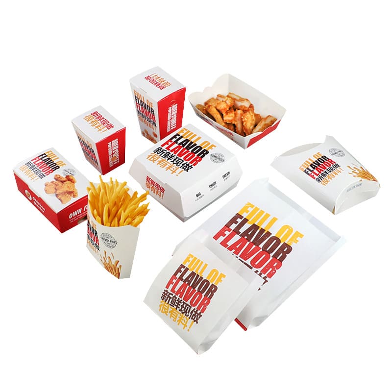 Custom fried chicken packaging set with meal boxes, fries carton and takeaway bags