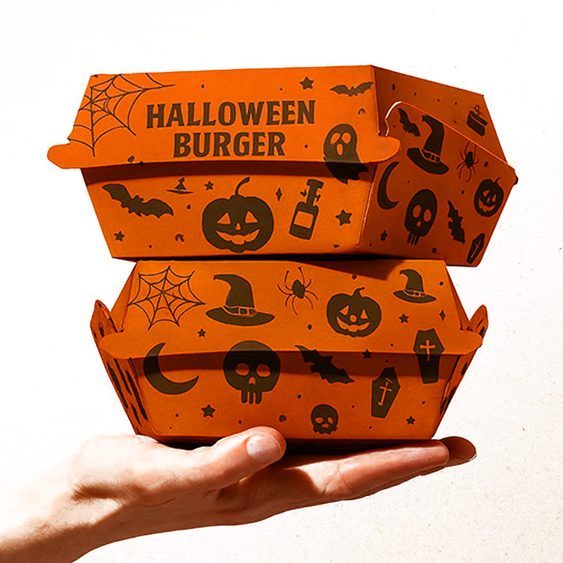 Stacked orange custom printed Halloween burger boxes
