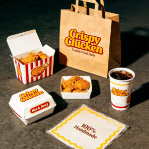 Fried chicken brand packaging set with paper bag, chicken boxes, tray and drink cup