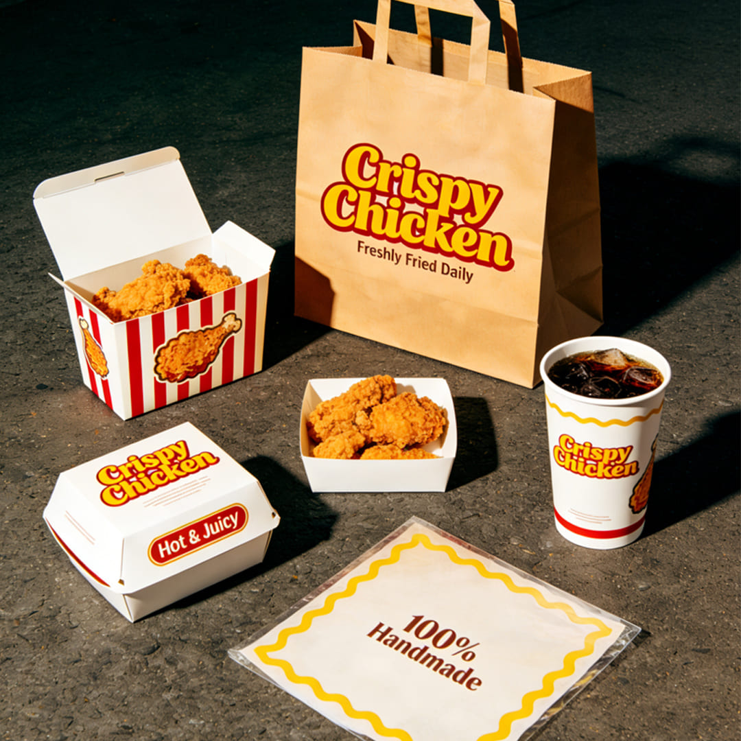 Fried chicken brand packaging set with paper bag, chicken boxes, tray and drink cup