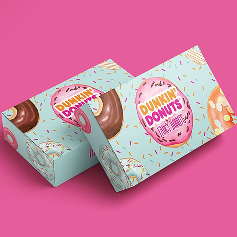 Custom printed donut box with colorful dessert-themed design