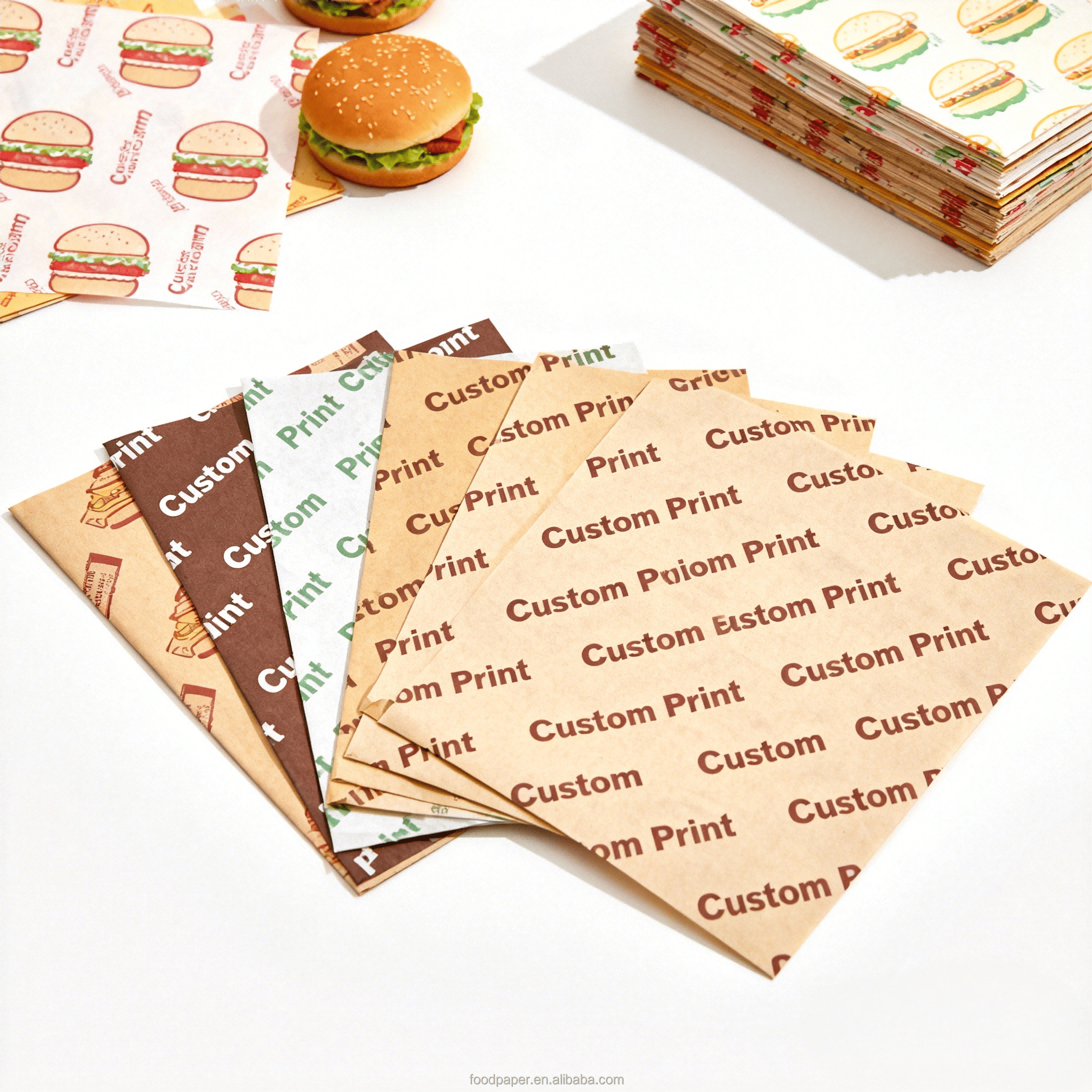 Assorted custom printed greaseproof paper for burger and food wrapping