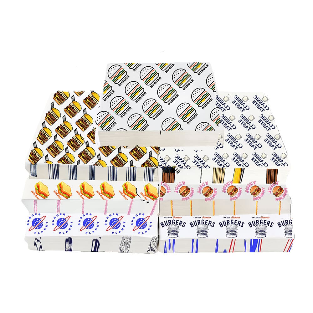 Burger pattern greaseproof paper sheets for food wrapping and tray lining