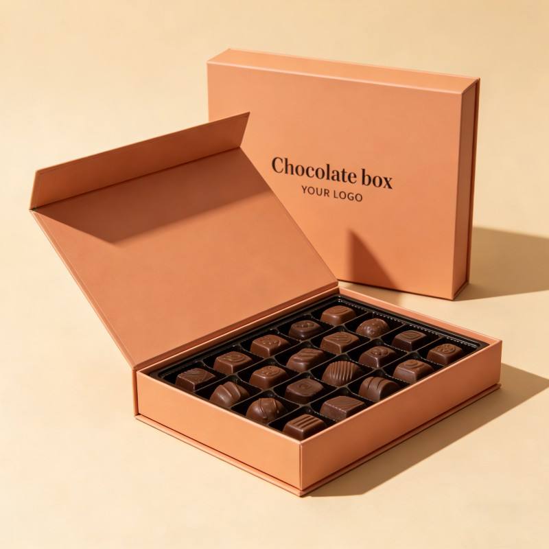 Printed chocolate box with custom logo and chocolate tray insert