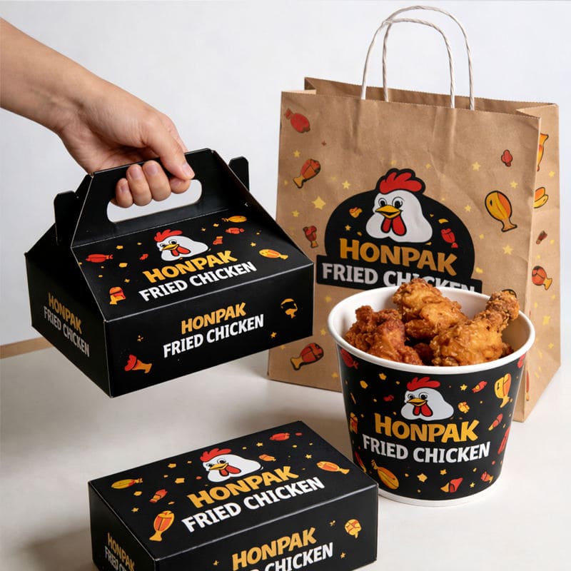 Premium black fried chicken packaging set with carry box, bucket, bag and food box