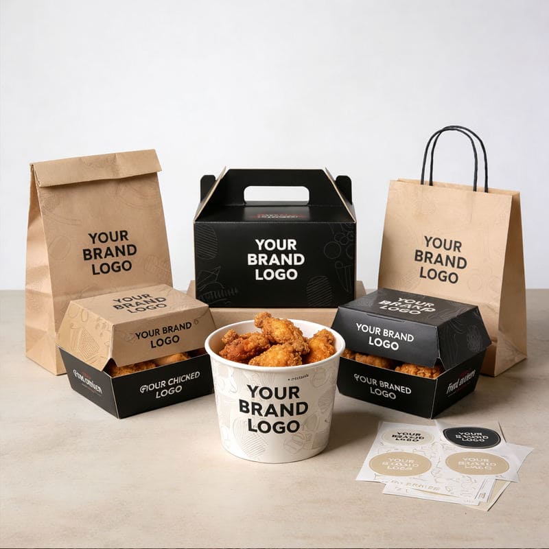 Custom fried chicken packaging with your logo including boxes, bags, bucket and stickers