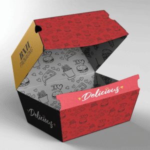 Custom printed burger meal box with space for burger, fries and side dishes