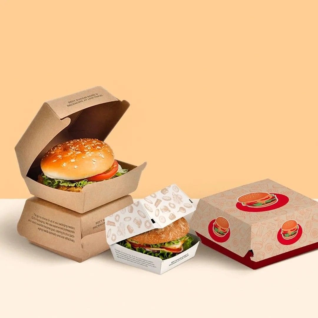 Custom burger box design collection with kraft and full-color printed styles