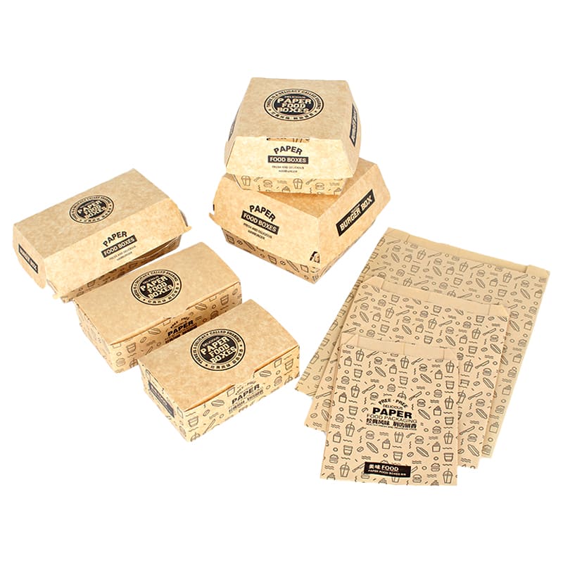 Custom kraft burger boxes with matching printed greaseproof wrapping paper