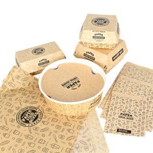 Custom kraft burger packaging set with food boxes, bucket and greaseproof paper