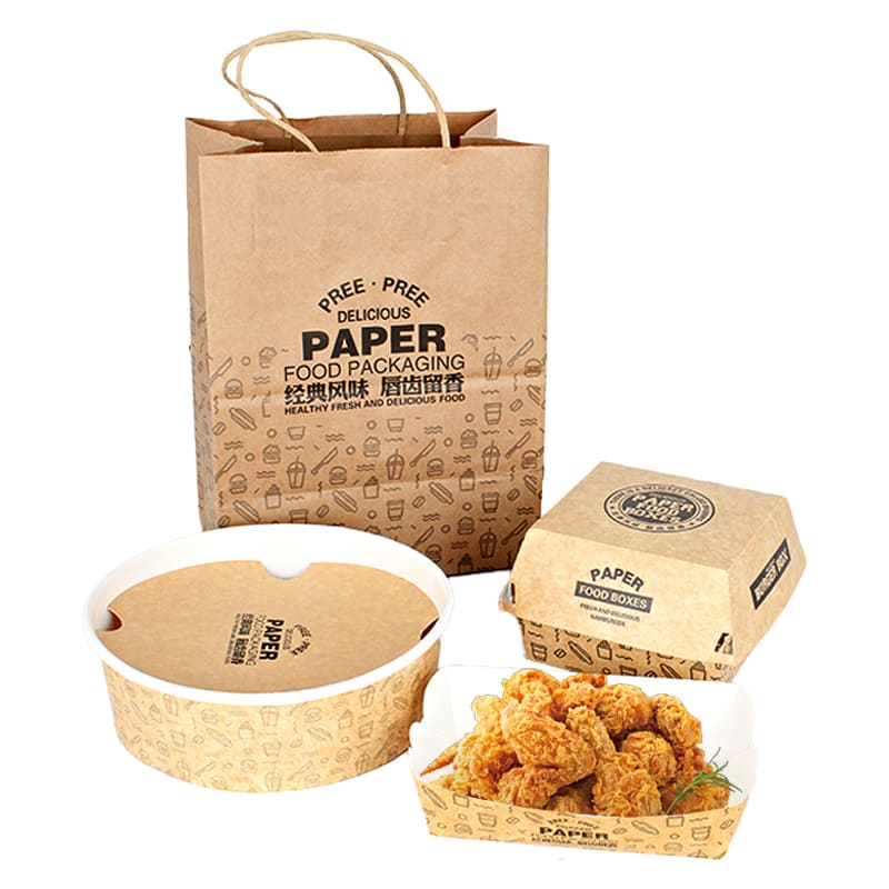 Custom fast food takeaway packaging set with paper bag, burger box and food bucket