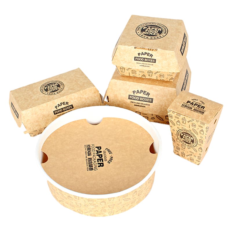 Custom kraft burger boxes in multiple sizes with matching food bucket