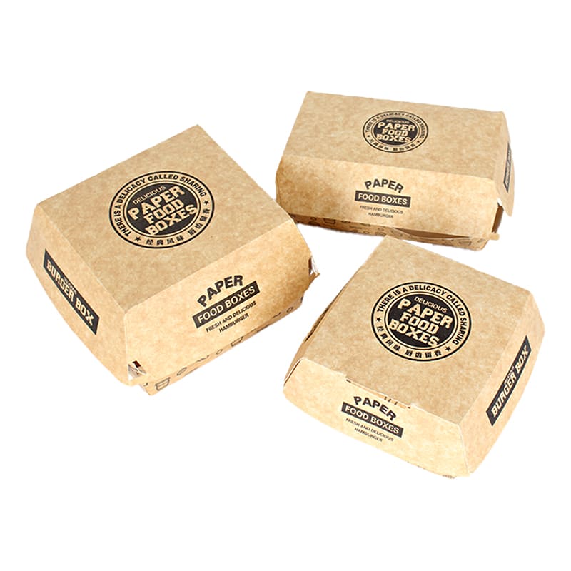 Printed kraft clamshell burger boxes in three takeaway sizes