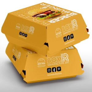Yellow full-color printed burger boxes stacked for takeaway packaging