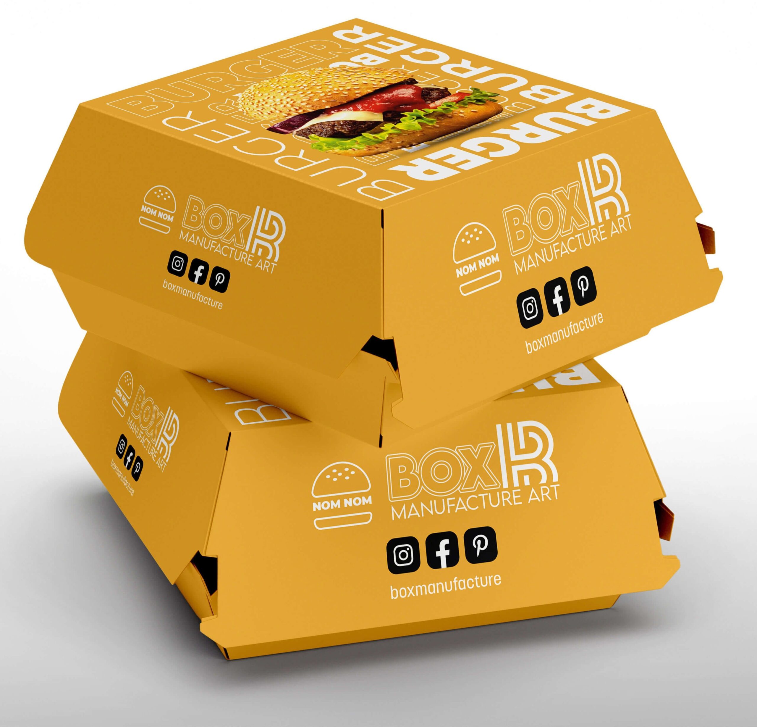 Yellow full-color printed burger boxes stacked for takeaway packaging