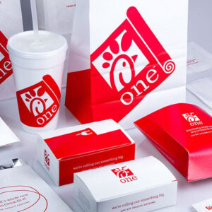 Custom branded fast food packaging set with burger boxes, paper bag and drink cup