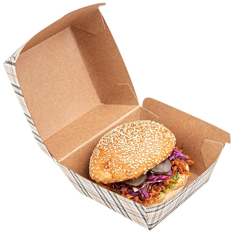 Pattern printed kraft burger box with burger for takeaway packaging