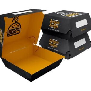 Black custom printed burger boxes with orange interior and branded design
