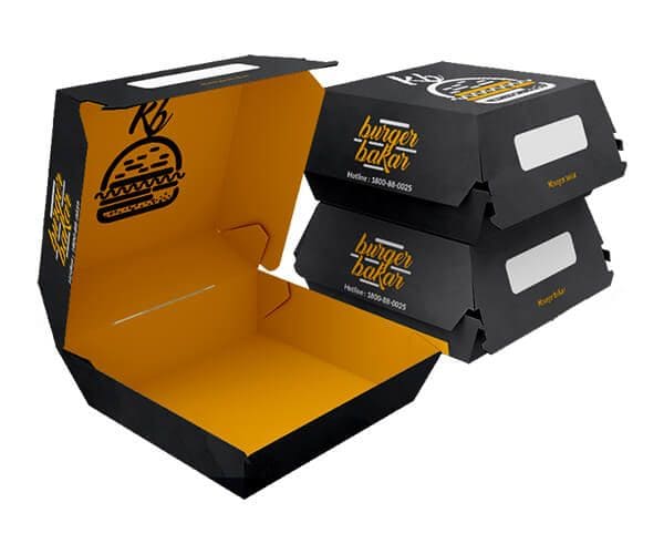 Black custom printed burger boxes with orange interior and branded design