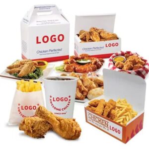 Custom fried chicken takeaway packaging combo with carry box, cups and fries bags