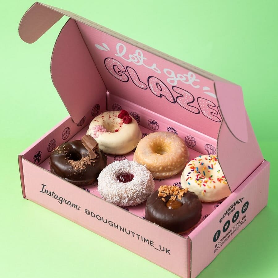 Printed doughnut box with assorted donuts for bakery takeaway
