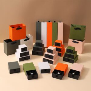 Paper jewelry box packaging set with matching shopping bags in multiple colors