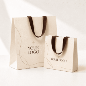 Cream paper gift bags with brown ribbon handles and custom logo
