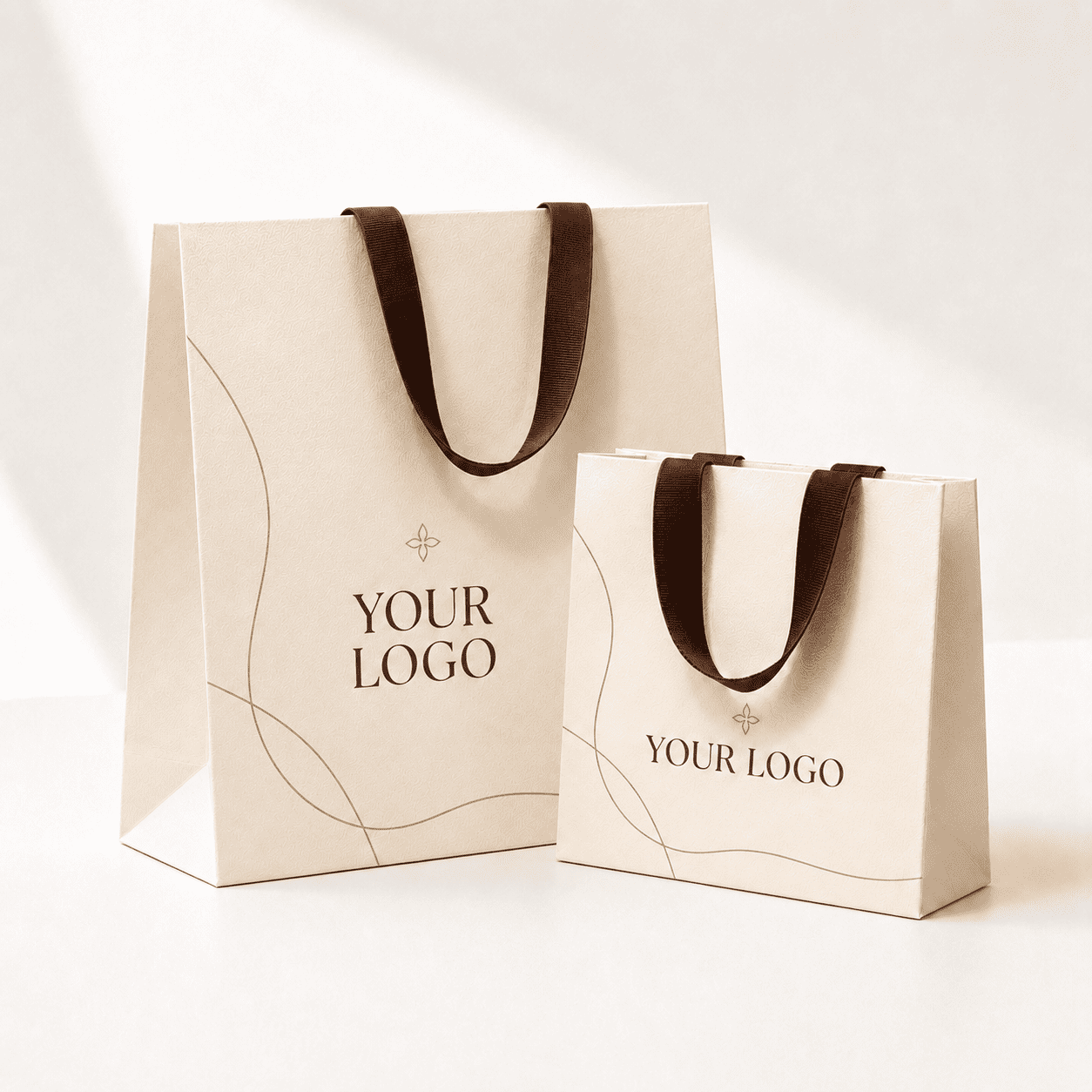 Cream paper gift bags with brown ribbon handles and custom logo