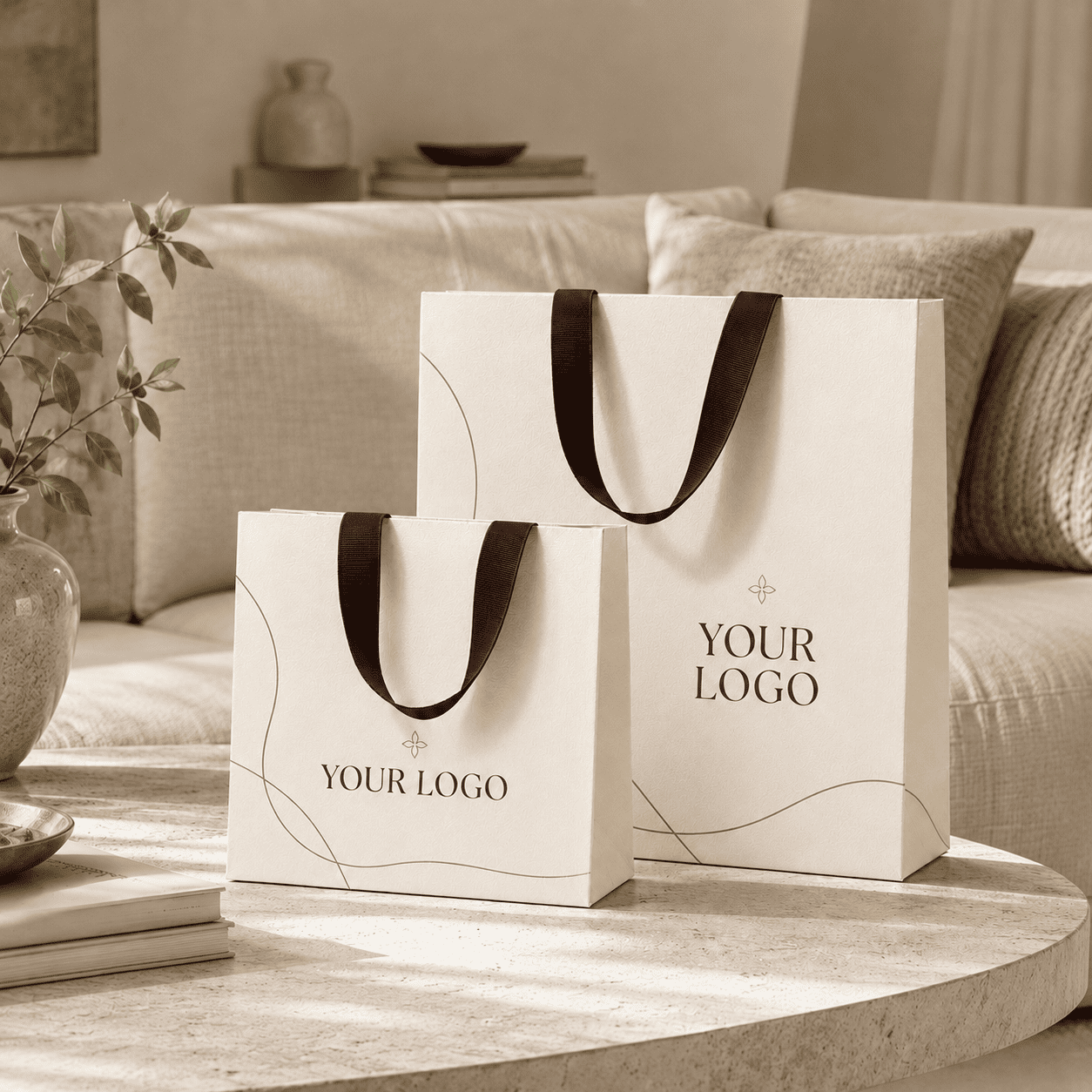 Custom retail paper bags with ribbon handles displayed in a lifestyle setting