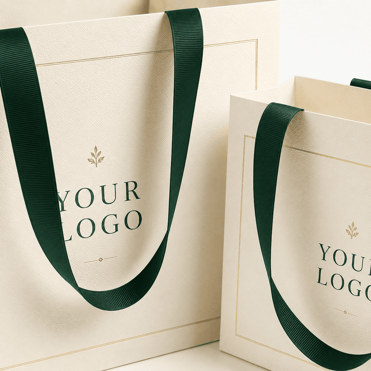 Luxury custom paper bag with green ribbon handles and gold foil details