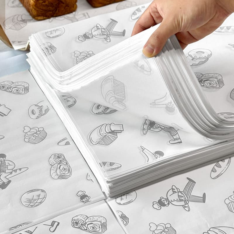 White greaseproof paper with bakery icon print for food packaging