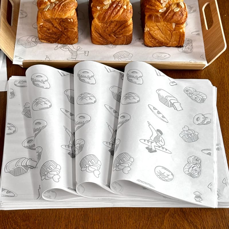 Custom greaseproof paper sheets with bakery pattern for pastry and bread packaging